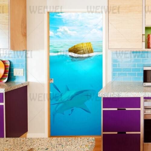 Sea Shark Home Decoration Door Stickers Floating On The Sea Wine Barrel Door Decals Bedroom Bathroom Waterproof Room Decor Wall