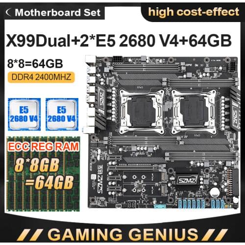 SZMZ X99Dual CPU LGA 2011 v3 Motherboard Set With Xeon E5 2680 V4 + 8*8gb=64G DDR4 2400MHZ ECC REG RAM MSATA M.2 PCIE 16X