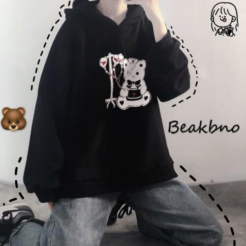 Deeptown Kawaii Bear Print Hoodie for Girls Anime Sweatshirt Black Gothic Alt Clothes Korean Style 2021 Fashion Long Sleeve Tops