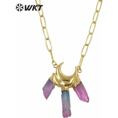 WT-n1251 Fashion natural aura quartz necklace lady bohemian vintage triple crystal quartz stone necklace with link chain