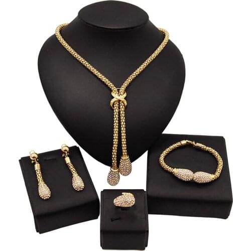 Yulaili Top Quality Vintage Style Gold Plated Round Crystal Pendant Necklace Earring Bracelet Ring African Party Jewelry Sets
