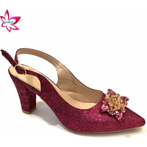 Fuchsia Color Women Sandals Classics Italian Women Pumps Shoe for Party High Quality Pointed Toe Shoes Decorated with Stones