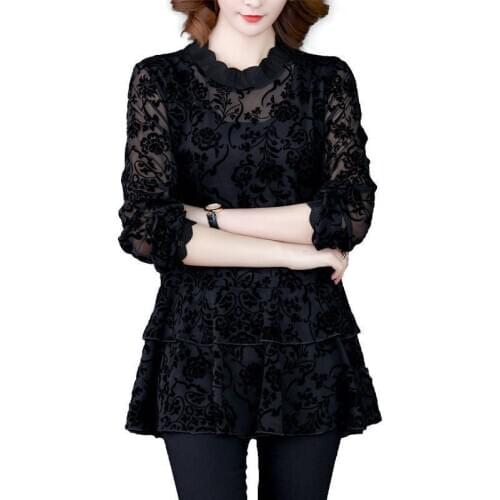 Women Spring Autumn Style Lace Blouses Shirts Lady Casual Long Transparent Mesh Sleeve Stand Collar Blusas Tops ZZ0240