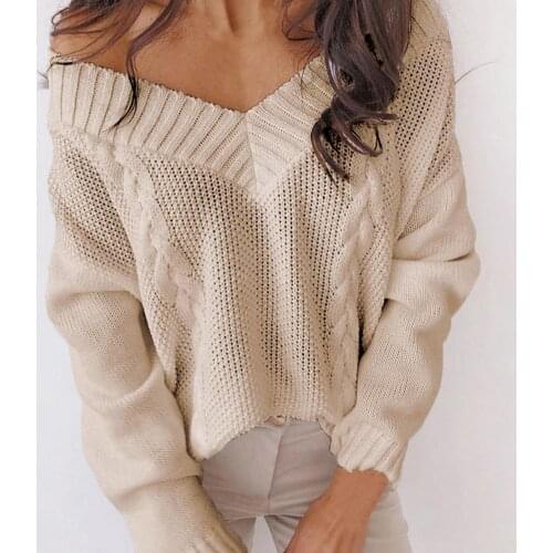 Autumn Winter Long Sleeve Womens Sweater Solid Color Shirt Patchwork V Neck Loose Twist Pattern Weaving Casual Sweater Women