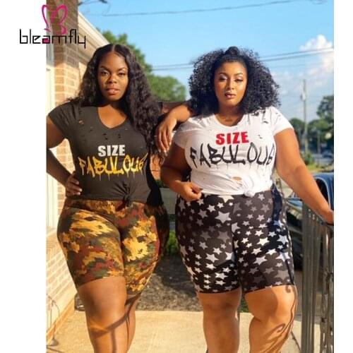 Women Summer Clothing 2 Pieces Set Short Sleeve Print Hole Fashion T Shirt + Jogging Shorts Suit Tracksuit Outfits Plus Size 4XL