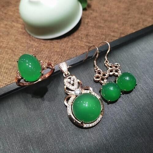 Jadery Rose Gold 925 Sterling Silver Jewelry Sets For Women Natural Green Jade Gemstones Jewelry Set Ethnic Charm Best Gift 2020