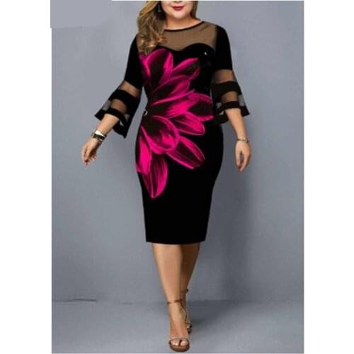 Women Summer Fashion Sexy Gauze Print Patchwork Party Dress Vintage O-neck Flare Sleeve Straight Elegant Dress Plus Size 6xl
