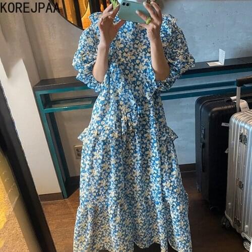 Korejpaa Women Dress 2021 Summer Korean Chic French Retro Palace Style Lotus Leaf Stitching Pleated Puff Sleeve Floral Vestidos