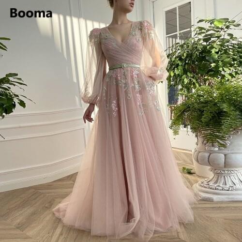 Booma Pink V-Neck Tulle Prom Dresses Long Sleeves Sequin Appliques A-Line Formal Prom Gowns Side Pockets Wedding Party Dresses
