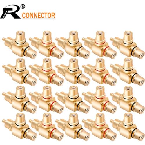 20pcs/10pairs Gold Plated RCA Male to 2 Female RCA Splitter Adapter AV Video Audio T Plug RCA 3 way Plug R Connector