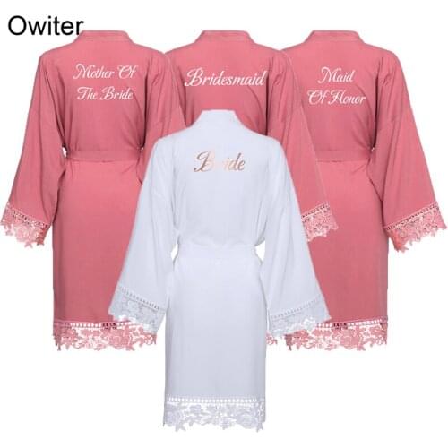 Owiter 2019 Dusty Pink Bride Bridesmaid Bride Cotton Kimono Robes with Lace Trim Women Wedding Bridal Robe Party Gift Bathrobe