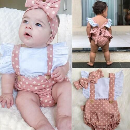 2021 Pudcoco Newborn Baby Girl Clothes Polka Dot Print Ruffle Sleeveless Backless Romper Jumpsuit Headband 2Pcs Outfits Sunsuit