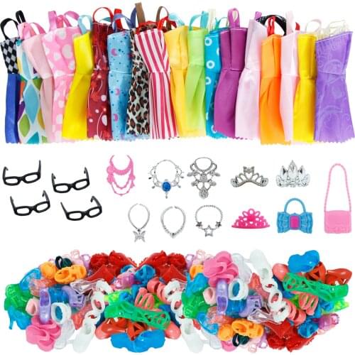 35 Pcs = 10x Fashion Dress + 10x Pair Shoes + 6x Necklaces +4x Glasses + 3x Crowns+2x Bags Clothes for Barbie Doll Best DIY Toy