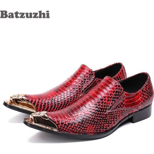 Batzuzhi Brand Men Shoes Cowhide Genuine Leather Dress Shoes Men Pointed Metal Cap Toe Wine Red Wedding and Party Shoes Men, 46