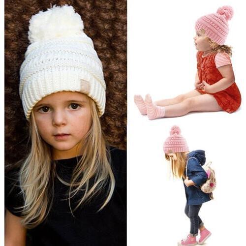 Children Warm Winter Wool Knit Beanie Fur Pom Bobble Beret Hat Crochet Ski Cap 6 Colour