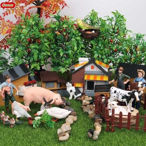 Oenux Poultry Farm Animals Model Simulation Farmer Duck Pig Cows Hen Horse Bird Action Figures Figurine Miniature Cute Kids Toy
