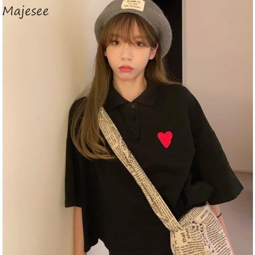 T-Shirts Women Embroidery Bf Summer Ladies Tops Casual Trendy Loose Preppy Style Korean Popular All-match Streetwear Simple Ins