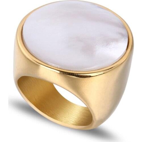 Geometric Round White Shell Ring Gold Color Stainless Steel Exaggerated Fashion Rings For Women Party Jewelry Dropshipping