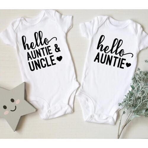 Hello Auntie Uncle Letter Print Newborn Baby Bodysuit Cotton Baby Boy Girl Onesie Short Sleeve Romper Jumpsuit Body Baby Clothes