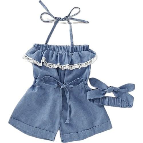 2021 New Cotton Girls Overalls Cowboy Pure Color Fashion Childrens Loose Jeans Mid Waist Lace Suspender Pants with Headband