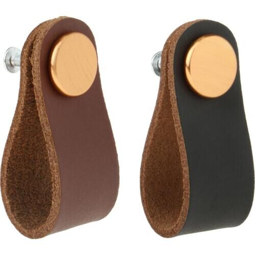 Leather Single Hole Handmade Cabinet Door Knobs Drawer Loop Pulls Door Handles with Install Screws Set - Black/ Brown