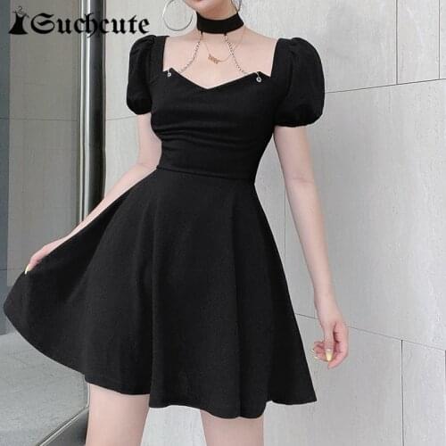 SUCHCUTE Gothic Chain Mini Dress For Women Summer Streetwear Fashion A-Line Dress Korean Style Vintage Y2K Female Party Dresses
