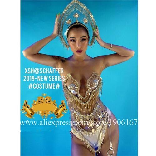 Nightclub GOGO female models TV show transparent rhinestone sexy lady costume dance team party girl dress bikini suit clothes