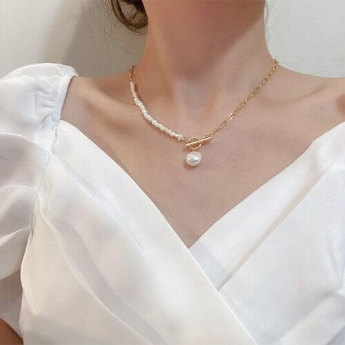 Elegant Imitation Pearl Necklace For Women Gold Chunky Link Chain Asymmety Toggle Clasp Circle Chokers Necklace 2021 Trend