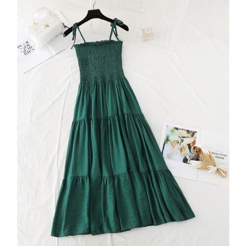 High Quality Cotton Linen Spaghetti Strap Dress Women 2021 Summer Solid color Sexy Dresses Vintage Slim Ruffle Long Dress