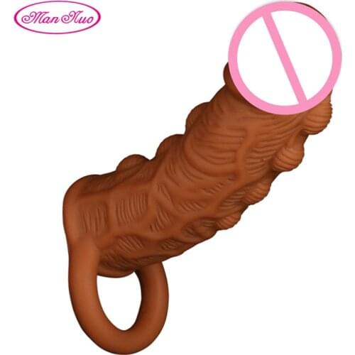 Man Nuo Reusable Penis Sleeve Condom for Men Cock Ring Soft Silicone Realistic Dildo Extender Delayed Ejaculation Male Sex Toy