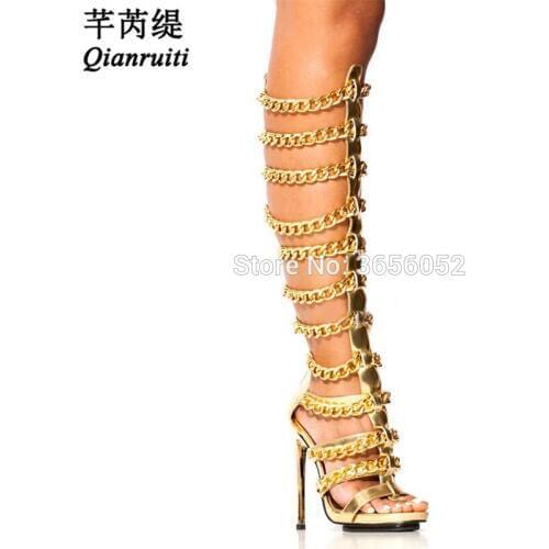 Qianruiti Black Silver Golden Long Gladiator Sandals Women Stilettos Cut Outs High Heels Zipped Chain Embellished Summer Boots