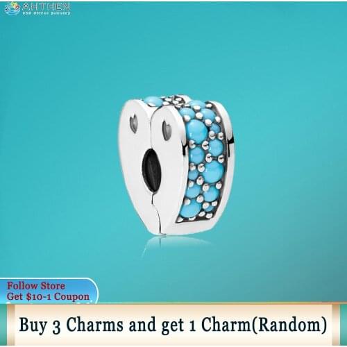 Ahthen 925 Sterling Silver Beads Cyan Blue Arcs Of Love Clip Charms fit Original Pandora Bracelets for Women Jewelry Making Gift