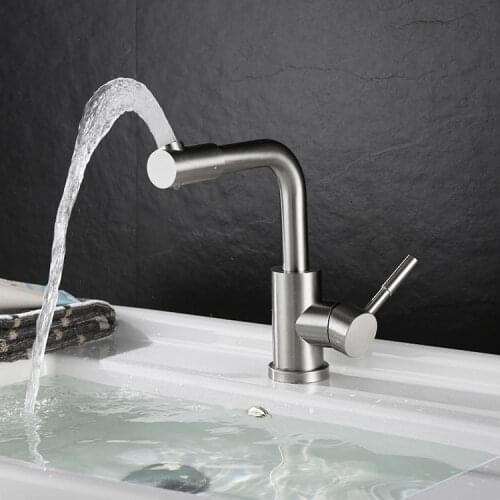 Bathroom Basin Faucet Stainless Steel Rotate Single Handle Hot and Cold Water Mixer Tap Crane Swivel Spout Sink Tap Deck Mounted