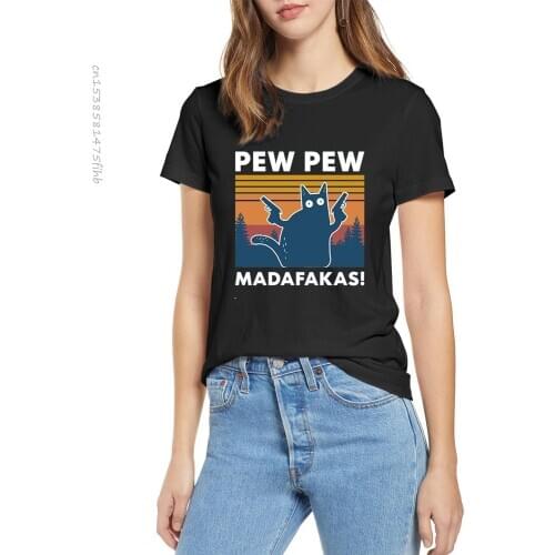 Cotton Womens Black Cat Pew Pew Madafakas T-Shirt Girl Funny Cat Gangster With Gun Meme Retro Humor Tops Tee Female Clothes