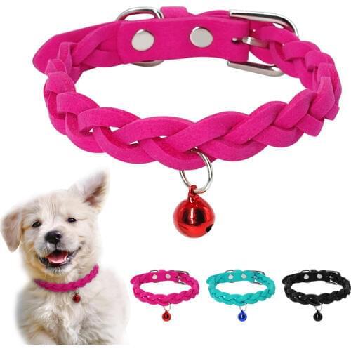 Suede Leather Dog Cat Collar Braided Dogs Puppy Cats Collars Free Bell For Small Medium Dogs
