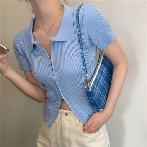 Womens Shirt Y2K Spring Summer Knitted Short-Sleeve Top Solid Color Lapel Zipper Cardigan with Waist Thin Sweet AllMatch Blouse
