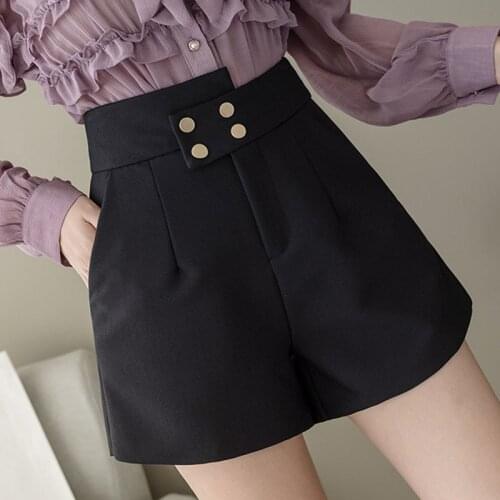 2021 Spring Summer Women Office Ladies Irregular High Waisted Double Breasted Black Shorts , Woman Wide Leg Shorts
