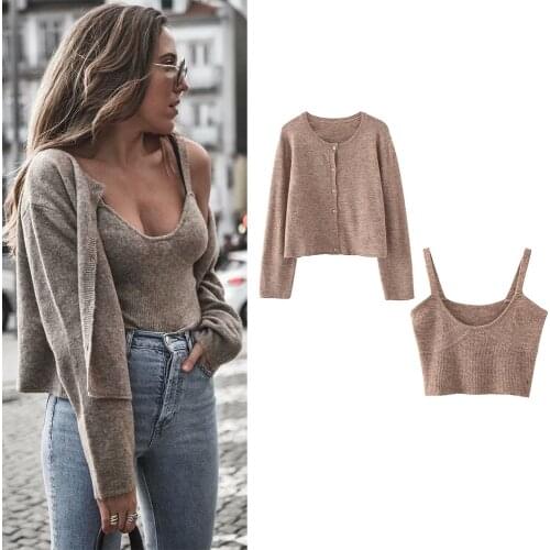 Women Sexy Wool Knitted Khaki Cardigans Za Fashion 2021 Short Mujer Tops Vintage Two Pieces Streetwear Mujer Tanks