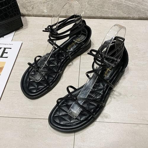 Women Casual Narrow Band Flat Sandals Summer Front Rear Strap Black Cross-tied Cover Low Heel Bohemian Beach Shoes