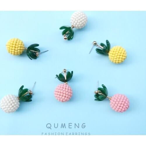 QUMENG Korea 2020 New Cute Fruit Lady Earrings Pineapple resin sweet fashion Girl summer Fruit Earrings for women gift jewelry