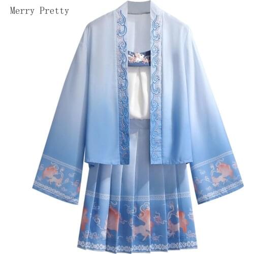 Japan Style Women 3 Piece Dress Sets Print Kimono Blouse Hight Waist Mini Pleated Skirt Sleeveless Camisole 2021 Summer Clothes