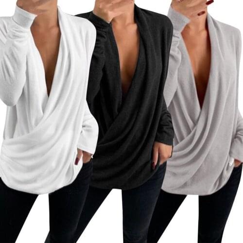 2021 Women Autumn Sexy Deep V Neck Long Sleeve Pleated Wrap Top Shirt Tunic Warm Spring Blouse Casual Loose Female Blusas Hot