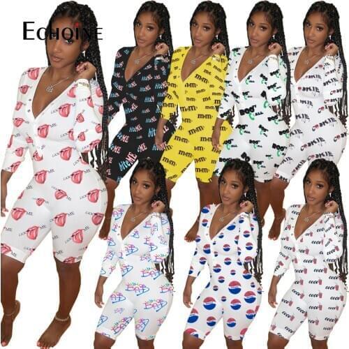 Echoine Women Sexy fine Print adult Onesies Jumpsuit Pajamas long Sleeve Shorts V Neck Bodycon Bodysuit Rompers Pants Home Wear