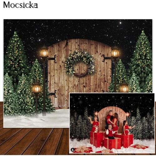 Winter Christmas Backdrop Retro Brown Wooden Door Snowflake Decoration Starry Sky Photoshoot Photo Props Studio Booth Background