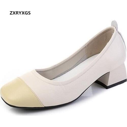 ZXRYXGS Square Toe Shallow Mouth Spell Color Matching Single Shoes Women Genuine Leather Shoes High Heels 2021 New Trendy Shoes