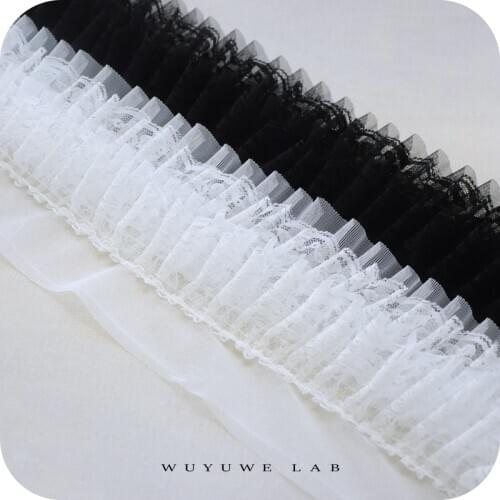 1M Black White Pleated 13cm Wide Lace Fabric Trims for Wedding Dress Doll Material Ruffle Collar Sewing Clothing Skirt Applique