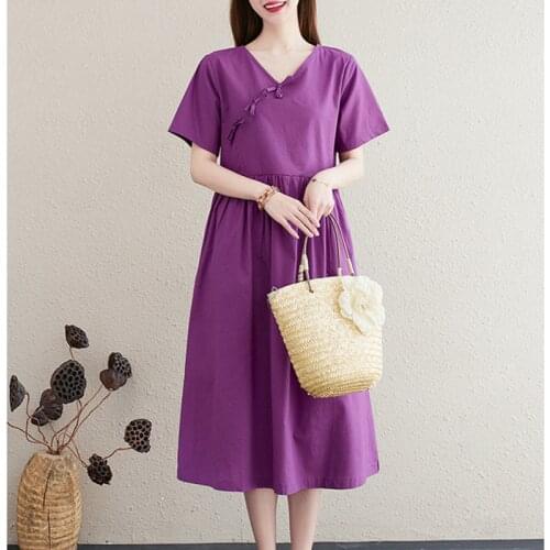 2021 New Arrival Short Sleeve Loose Summer Dress V-neck Cotton Linen Vintage Dress Plus Size Women Travel Casual Midi Dress