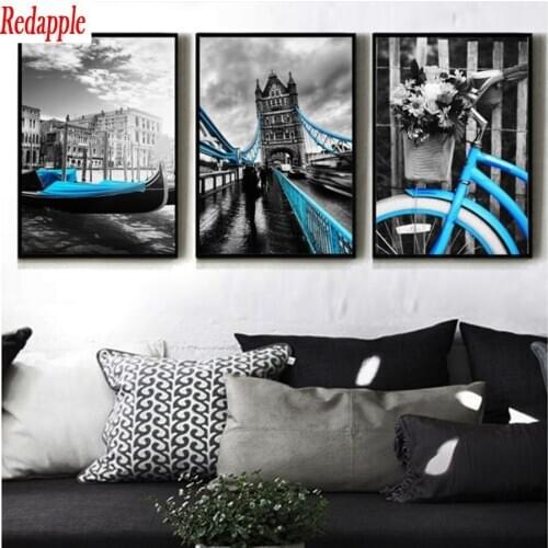 3 Pcs City Blue Lift Bike London Bridge 5d Stitch Cross Diamond Painting Rhinestones Embroidery Diamond mosaic Diy Full drills