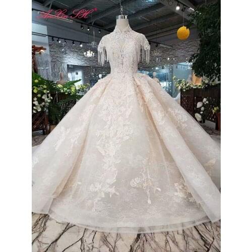 AnXin SH Luxury princess white flower lace beading pearls illusion high neck short sleeve white wedding dress 100% real photo