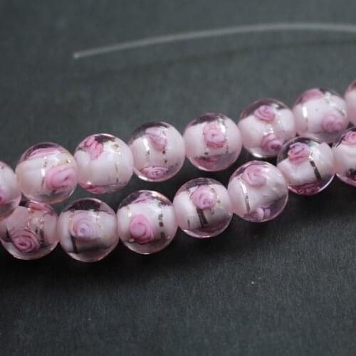 20Pieces/Lot 10mm Lampwork Glass Beads Flower With White Foil Pink Color for jewelry making